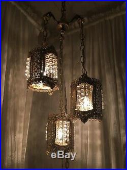 Vintage Gold Filigree Crystal Mid Century Lamp Hanging Swag Hollywood Regency