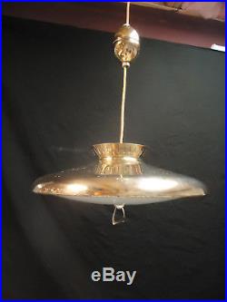 Vintage Hanging Brass & Glass Saucer Lamp Light MID Century Chandelier Retro 18