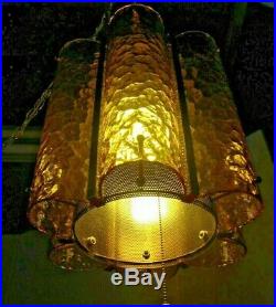 Vintage Hanging Lamp Hollywood Regency Glam Swag Retro Mid Century Glass Brass