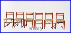 Vintage Italian Red Papercord 6 Chairs Attr. Vico Magistretti Cassina Carimate