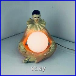 Vintage Lamp Pierrot Clown French 1950's Pink Plaster Signed Regal Retro Kitsch
