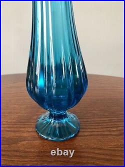 Vintage Le Smith Peacock Blue Pedestal Paneled Swung Glass Vase 15 Inches Tall