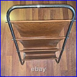 Vintage MCM 30 Tall Chrome & Brown Faux Leather Sling Magazine Rack 3 Slots