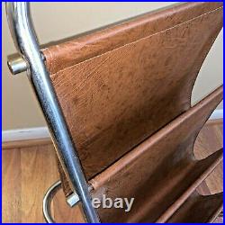 Vintage MCM 30 Tall Chrome & Brown Faux Leather Sling Magazine Rack 3 Slots