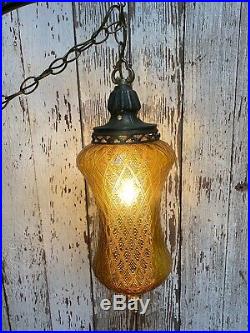 Vintage MCM Bee Hive Spanish Gothic Amber Glass Globe Diffuser Lamp Hanging Swag