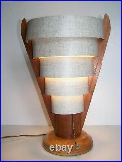 Vintage MCM Cone Space Graduated Metal Ring Retro Teak Table Lamp