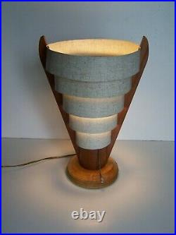 Vintage MCM Cone Space Graduated Metal Ring Retro Teak Table Lamp