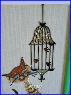 Vintage MCM Gravel Pebble Art Siamese Cat w Fish Bowl/ Bird Cage Wall Hanging