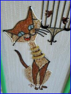 Vintage MCM Gravel Pebble Art Siamese Cat w Fish Bowl/ Bird Cage Wall Hanging