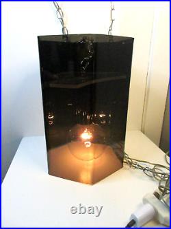 Vintage MCM Hanging Lamp Light SMOKEY ACRYLIC HEXAGON 2 PC SILVER HARDWARE FAB