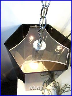 Vintage MCM Hanging Lamp Light SMOKEY ACRYLIC HEXAGON 2 PC SILVER HARDWARE FAB