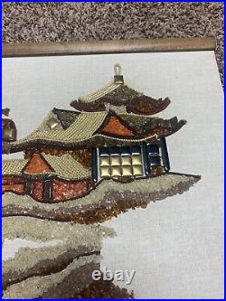 Vintage MCM Japanese Pagoda Scene Pebble/Gravel Wall Art Beautiful