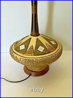Vintage MCM Mid Century Danish Modern Textured Ceramic Teak Wood Genie Lamp 29