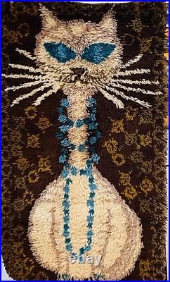 Vintage MCM Mid Century Modern Siamese Cat Rug Loom Rug Brown Blue Eyes Art