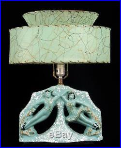 Vintage MID Century Modern Green Ceramic Ballerina & Dancer Lamp Man Woman Shade