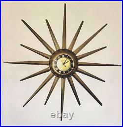 Vintage MID Century Modern Sunburst Wall Clock 25 United Atomic Brass Electric