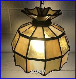 Vintage MID Century Retro Brown Stained Glass Shade Hanging Light Swag Fixture