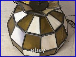 Vintage MID Century Retro Brown Stained Glass Shade Hanging Light Swag Fixture
