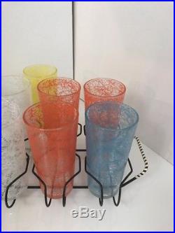 Vintage MID Century Spaghetti Glass Drinking Glasses Set Of 7 Retro Barware MCM