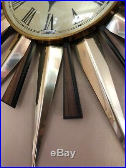 Vintage Metamec Sunburst Clock Retro 70s Gold Teak Effect Rays Wall Mid Century