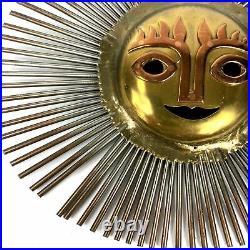 Vintage Mexican Brutalist Style Brass Copper Sun Face Wall Hanging