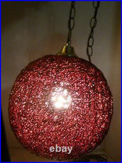 Vintage Mid-Century Acrylic Round Red Spaghetti Hanging Swag Lamp/Light 12