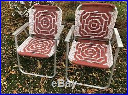 Vintage Mid Century Aluminum Macrame Woven Weave Folding Lawn Patio Chairs