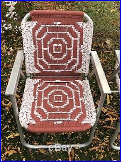 Vintage Mid Century Aluminum Macrame Woven Weave Folding Lawn Patio Chairs