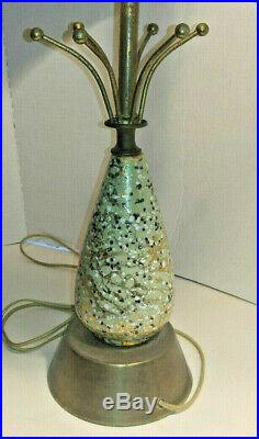 Vintage Mid Century Atomic Green Gold Bk Wt Speckled Retro Ceramic Table Lamp