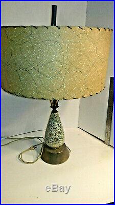Vintage Mid Century Atomic Green Gold Bk Wt Speckled Retro Ceramic Table Lamp