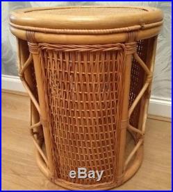 Vintage Mid Century Bamboo Cane Wicker Rattan Side Table Plant Stand Boho Retro