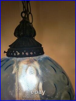 Vintage Mid-Century Blue Optic Glass Hanging Swag Lamp Globe Light Retro 10