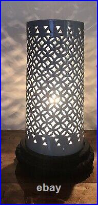 Vintage Mid Century Ceramic Cut Out Pierced Table Lamp Light Blue-Works Great