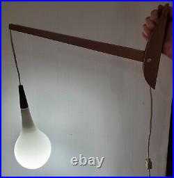 Vintage Mid Century Danish Teak And Opaline Swing Arm Pendant Lamp