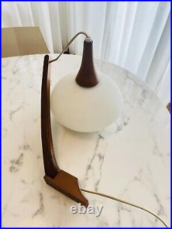 Vintage Mid Century Danish Teak Wood & White Glass Swing Arm Pendant Lamp Light