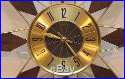Vintage Mid Century Elgin MCM Retro Starburst Atomic Clock Wood Brass Metal Star