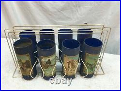 Vintage Mid Century Fredrick Remington On The Trail 6pc Glass Set With Wire Rack