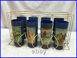 Vintage Mid Century Fredrick Remington On The Trail 6pc Glass Set With Wire Rack