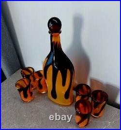 Vintage Mid-Century Glass Set Decanter Bottle with 6 glasses Space Age Set