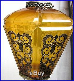 Vintage Mid Century Gothic Amber Hanging Swag Lamp Large 6 Sided Retro (K)