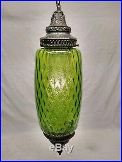 Vintage Mid Century Green Glass Swag Lamp Retro Antique Brass Diamond Pattern