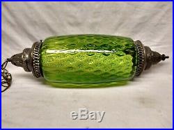 Vintage Mid Century Green Glass Swag Lamp Retro Antique Brass Diamond Pattern