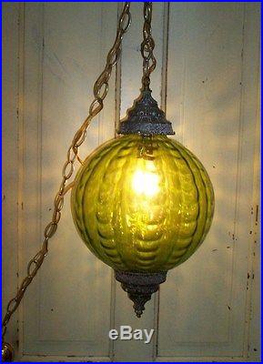 Vintage Mid Century Green Ribbed Glass Hanging Swag Lamp/Light Retro