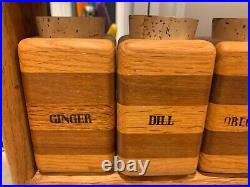 Vintage Mid-Century Handmade Wood Spice Rack and 16 Matching Spice Jars