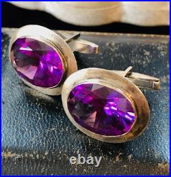 Vintage Mid Century Huge 20+ Carats Each Alexandrite Sterling Silver Cufflinks