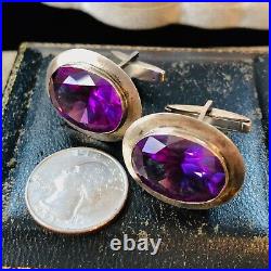 Vintage Mid Century Huge 20+ Carats Each Alexandrite Sterling Silver Cufflinks