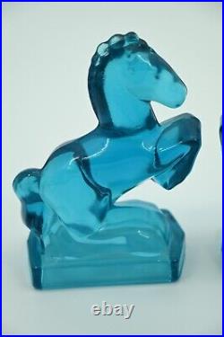 Vintage Mid Century LE Smith BLUE Art Glass Horse Bookends Sculpture Pair