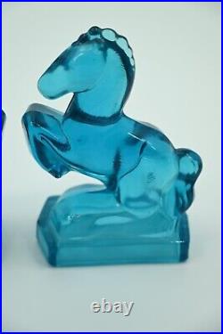 Vintage Mid Century LE Smith BLUE Art Glass Horse Bookends Sculpture Pair