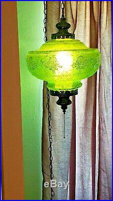 Vintage Mid-Century Large Green Crackle Glass Hanging Swag Lamp Light Retro