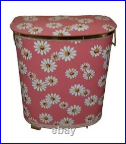 Vintage Mid Century Laundry Hamper Pink Daisy Flower Power Wicker Clothes NICE